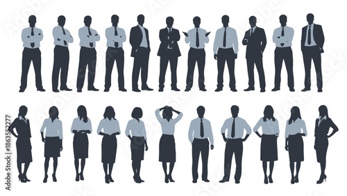A diverse group of business professionals, both men and women, are depicted in silhouette, standing in two rows against a white background.
