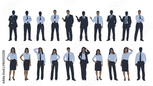 A collection of diverse business professionals, both male and female, depicted in silhouette against a white background, showcasing various poses and attire.