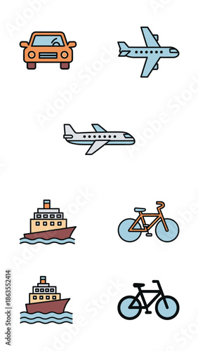 Collection of various transportation icons: car, airplane, ship, and bicycle. Flat vector illustration representing travel, journey, and logistics.