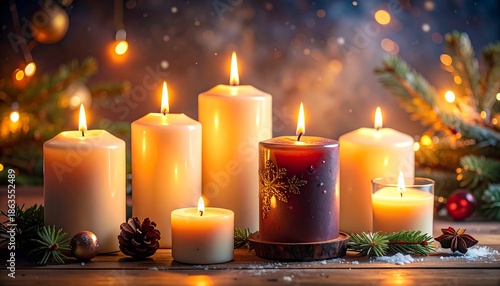 A warm and inviting scene of lit candles surrounded by greenery and soft bokeh, creating a cozy holiday atmosphere