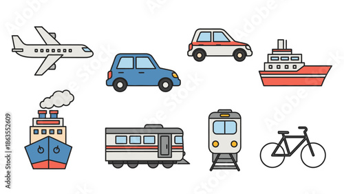 Collection of diverse transportation icons: airplane, cars, ships, trains, and bicycle for travel, logistics, and delivery
