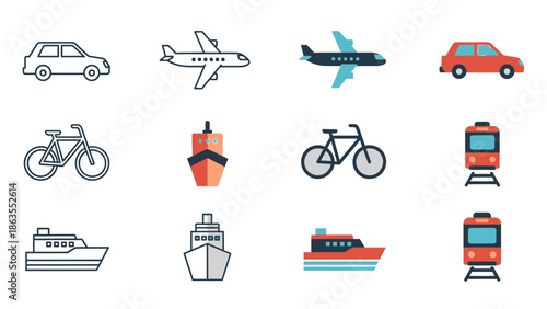 Modern vector flat design transportation icons set. Diverse modes of travel: car, airplane, bicycle, ship, train. Outline and filled styles for mobility concepts.
