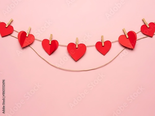 Red paper hearts on a string with clothespins on pink background for Valentine's Day