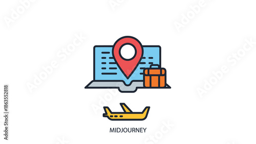 Online Travel Planning and Booking Concept. Digital Laptop with Location Pin, Suitcase, and Airplane Icon for Global Journey.