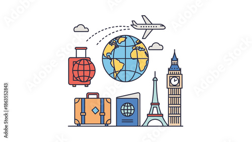 Global Travel and Vacation Concept Flat Line Illustration with Airplane, World Globe, Luggage, Passport, and International Landmarks.