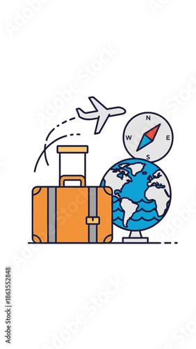 Global Travel and Vacation Planning Concept with Airplane, Suitcase, Globe, and Compass for Adventure Journey