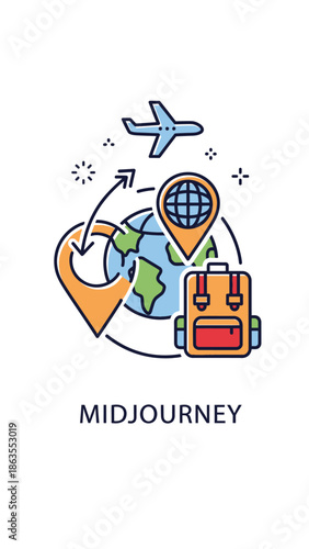 Global travel concept with airplane, world map, location pins, and backpack. Represents journey, exploration, tourism, and vacation.