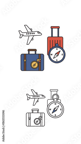 Travel and Vacation Icons Set: Airplane, Suitcase, and Compass Illustrations in Color and Outline for Journey and Adventure
