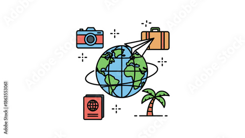 Global Travel and Vacation Icons Illustration. World map, camera, passport, suitcase, palm tree for international journeys.
