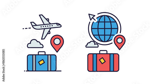 Travel and vacation line icons set. Airplane, globe, suitcase, location pin symbols for global journey, tourism, trip, and destination.