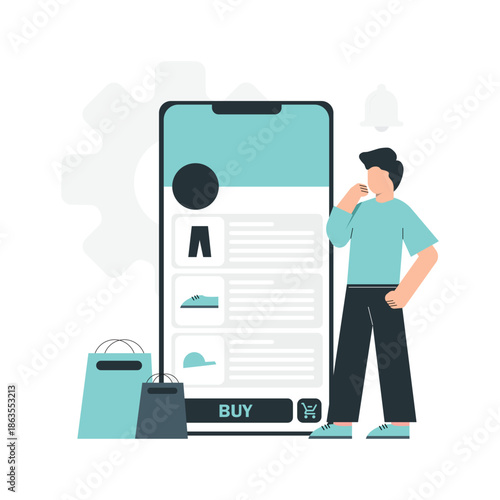 This illustration depicts a man standing beside a gigantic smartphone, engaged in a phone conversation while reviewing his online shopping list on the device's screen. The scene showcases a blend of m