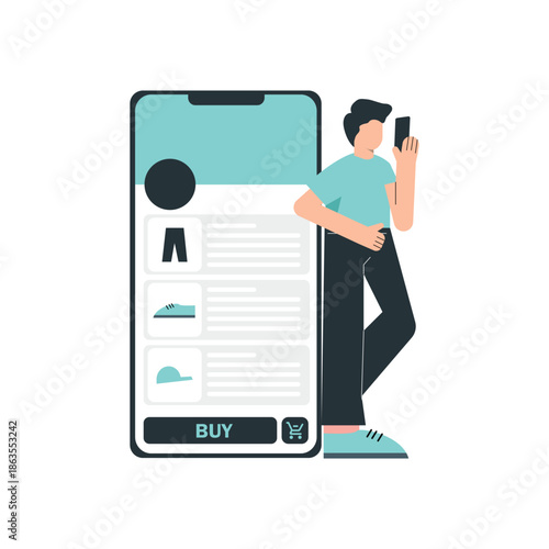 This illustration depicts a man using his smartphone to shop online on a large mobile phone screen. The image showcases a modern and sleek design, highlighting the convenience of mobile shopping and t