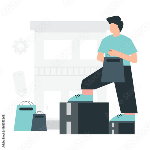 A man is stepping up onto a box in a modern gym, symbolizing motivation and determination to achieve his fitness goals. The illustration conveys a sense of energy, movement, and action, highlighting t