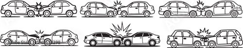 Set of Two Cars Colliding in Road Accident Line Art, Coloring Book Page Line Art Drawing, Vector and Illustration