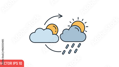 Weather cycle icon with sun, cloud, and rain, depicting changing climate conditions and forecast variability. Atmospheric changes illustration.