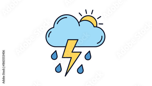 Colorful weather icon with rain, lightning bolt, cloud, and peeking sun, representing mixed or changing weather forecast.