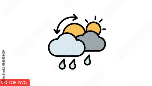 Changing weather forecast icon showing sun, clouds, and rain. Climate symbol for varying atmospheric conditions. Flat vector illustration.