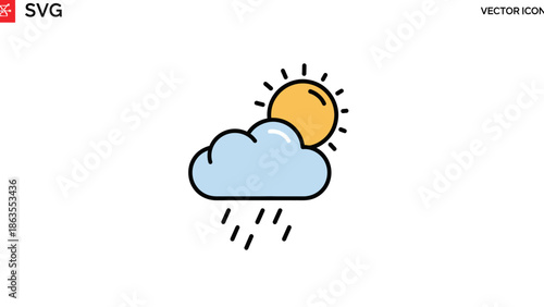 Bright vector icon illustrating sun and rain with a cloud and falling raindrops, symbolizing changeable weather conditions and sun showers.