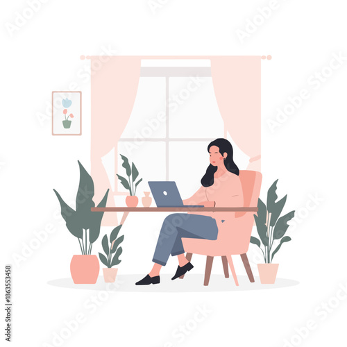 A woman engages in modern daily rituals, working on her laptop while sitting comfortably in a cozy room with plants, representing everyday activities in a peaceful indoor setting.