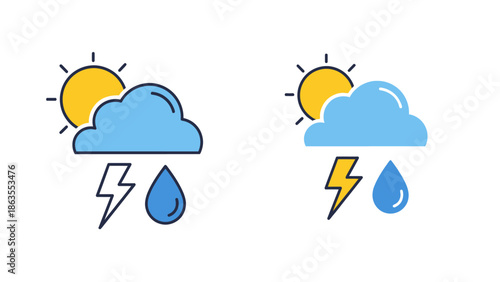 Weather forecast icon with sun, cloud, rain, and lightning bolt for stormy, thundery conditions and changing climate.