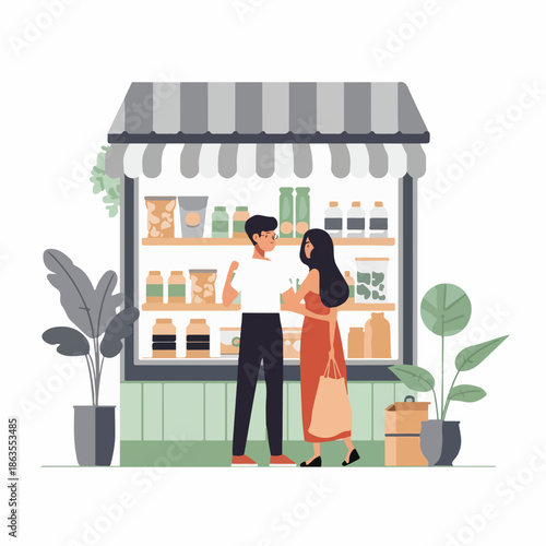 A man and woman engage in a modern daily ritual of shopping at a local store with a variety of products on display, conveying a sense of everyday activities and community.