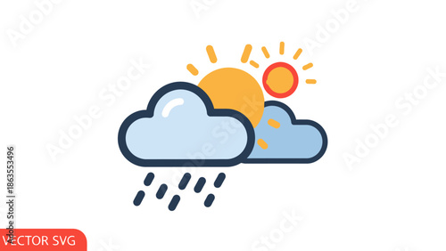 Colorful Sun and Rain Weather Icon. Flat cartoon illustration depicting clouds, sun rays, and falling raindrops. Climate forecast symbol.