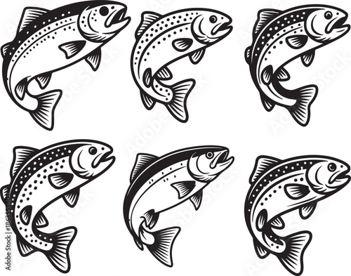 Set of Jumping Trout Fish Line Art, Coloring Book Page Line Art Drawing, Vector and Illustration