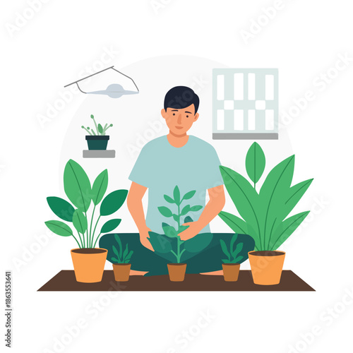 A man sitting on the floor, tending to potted plants in a modern room with a window, exemplifying modern daily rituals and activities.