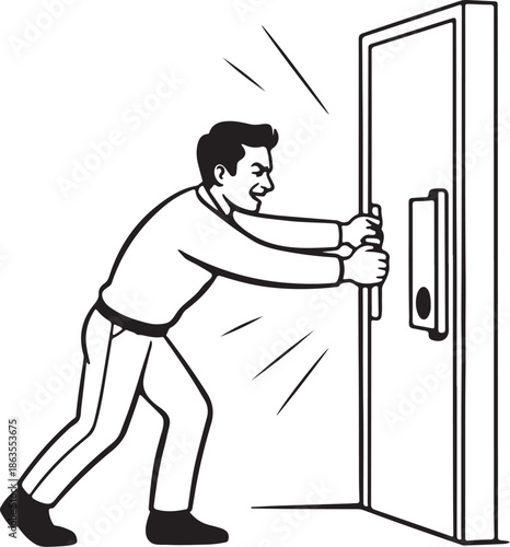 Man forcefully closing a door with a click Line Art, Coloring Book Page Line Art Drawing, Vector and Illustration