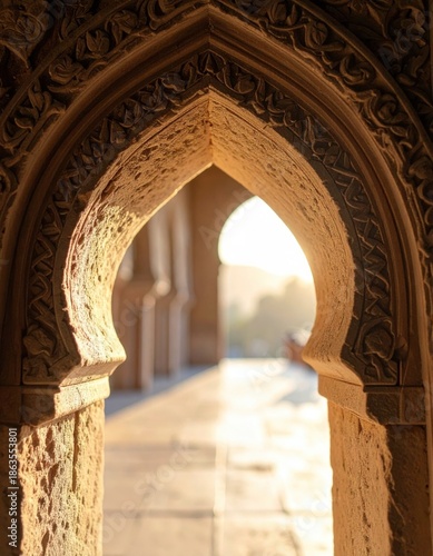 Ornate Archway With Intricate Carvings Bathed In Golden Sunlight Creating A Welcoming Pathway