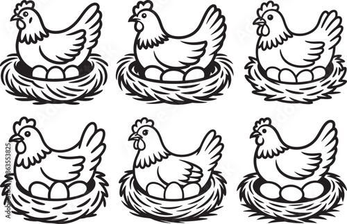 Set of Hen in Nest with Eggs Line Art, Coloring Book Page Line Art Drawing, Vector and Illustration