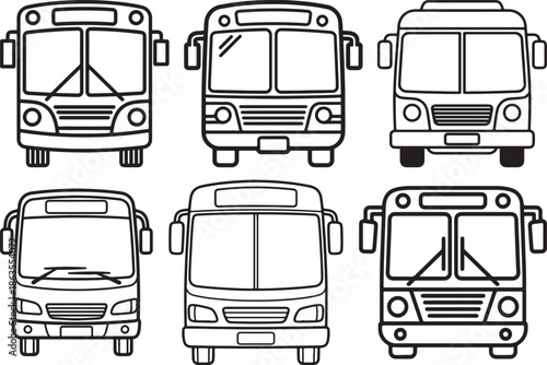 Set of Front View of Bus Line Art, Coloring Book Page Line Art Drawing, Vector and Illustration