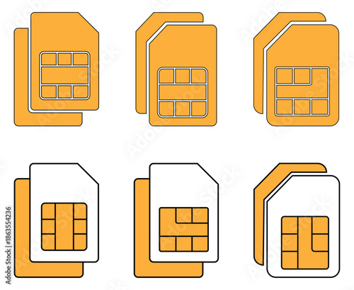 Set of  SIM card icon in different style. Multiple SIM cards in outline and solid fill SIM card. Golden SIM card illustration representing mobile communication. Vector illustration. 