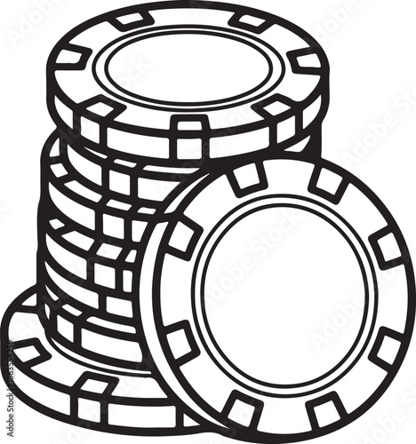 Stack of Casino Chips with Spade Line Art, Coloring Book Page Line Art Drawing, Vector and Illustration