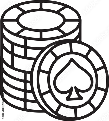 Stack of Casino Chips with Spade Line Art, Coloring Book Page Line Art Drawing, Vector and Illustration