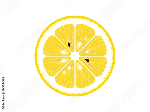 Stylized crosssection illustration of a yellow lemon slice with visible segments and seeds