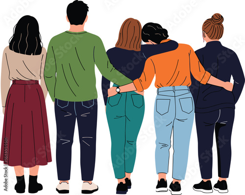 Friendship illustration, supportive group, unity concept, casual clothing, people together, companionship artwork, community bonding, teamwork design, friendly pose, togetherness