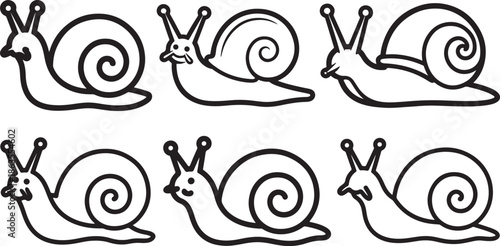 Set of Snail Line Art, Coloring Book Page Line Art Drawing, Vector and Illustration