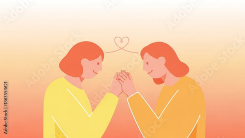 Two women with orange hair touching hands with a heart above them on a gradient background
