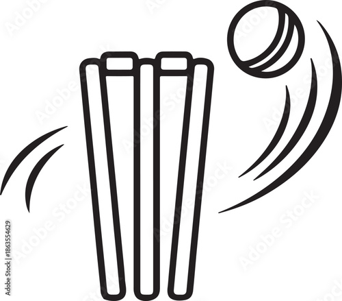 Cricket Stumps and Bails with Ball Motion Line Art, Coloring Book Page Line Art Drawing, Vector and Illustration