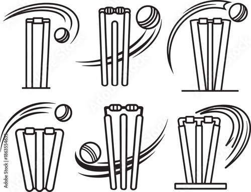 Set of Cricket Stumps and Bails with Ball Motion Line Art, Coloring Book Page Line Art Drawing, Vector and Illustration