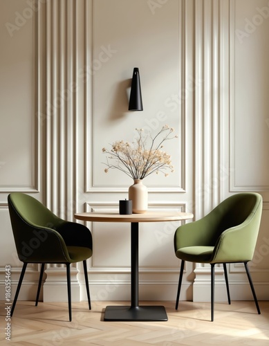 Two green chairs flank a round wood table with dried flowers in a vase and a candle. Modern minimalist dining area with ornate wall paneling and black wall lamp. Elegant home interior design. © Pete