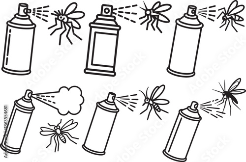 Set of Mosquito Spray Line Art, Coloring Book Page Line Art Drawing, Vector and Illustration