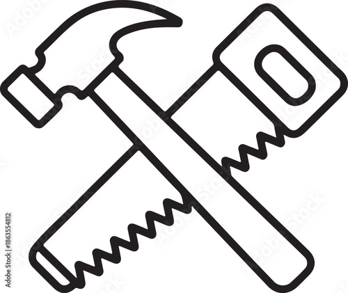 Crossed Hammer and Saw Line Art, Coloring Book Page Line Art Drawing, Vector and Illustration