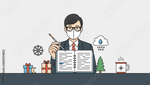 Man in suit and face mask writing in notebook with gifts and hot drink nearby during winter