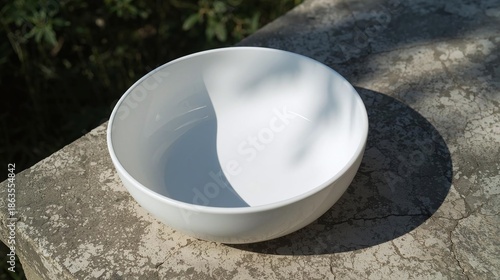 White Ceramic Bowl on Weathered Concrete Ledge with Sunlit Shadow