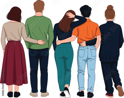 Companionship illustration, supportive friends, affectionate unity, casual clothing, people together, bonding artwork, friendship design, community connection, love, togetherness