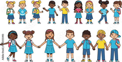 Children illustration, diverse kids, colorful outfits, school fashion, unity concept, friendship artwork, cartoon design, group diversity, playful attire, education