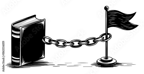 Book chained to flag symbolizing censorship and freedom of speech restrictions