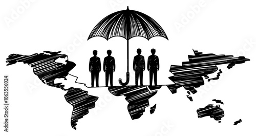 Global protection concept with people on world map under umbrella representing international security